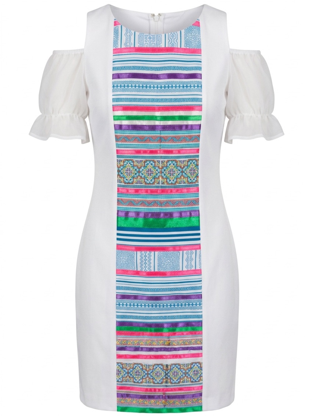 White Cold-Shoulder Dress with Multicolor Embroidered Panel